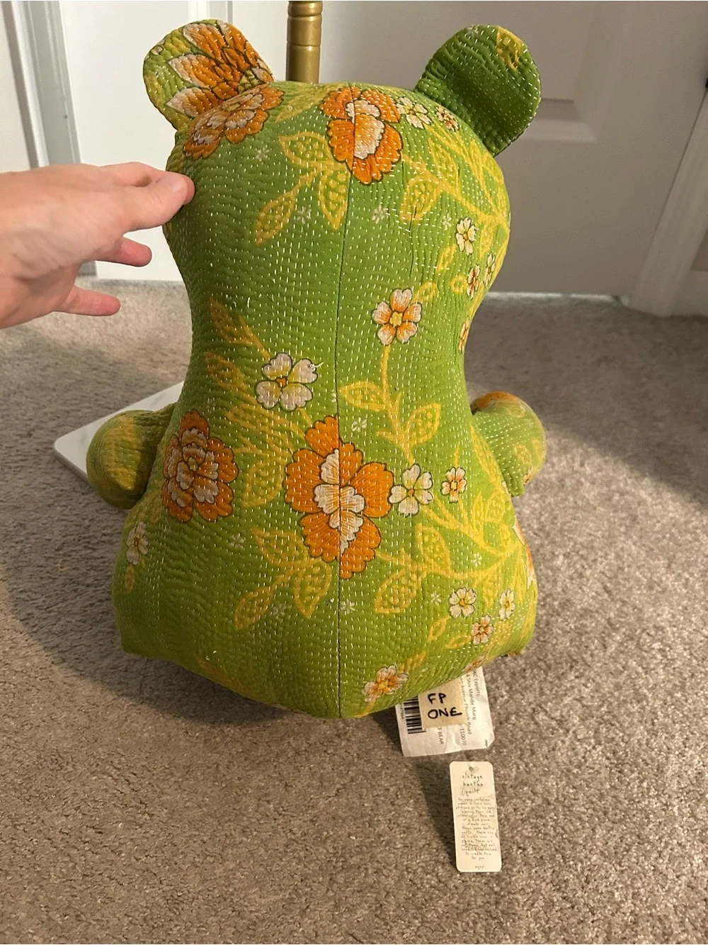 NWT FP One Handmade Kantha Quilted Green Floral Teddy Bear Plush, 24 inches